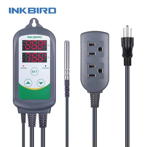 Front view of the Dual Stage Temperature And Humidity Controller Kit With Prewired AC Outlets, ITC308 Thermostat And IHC200 Humidistat.