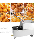 Heavy Duty 65L Commercial Fryer Filter Machine 550W Cooking Oil Filler Cart showing stainless steel unit beside fried food.