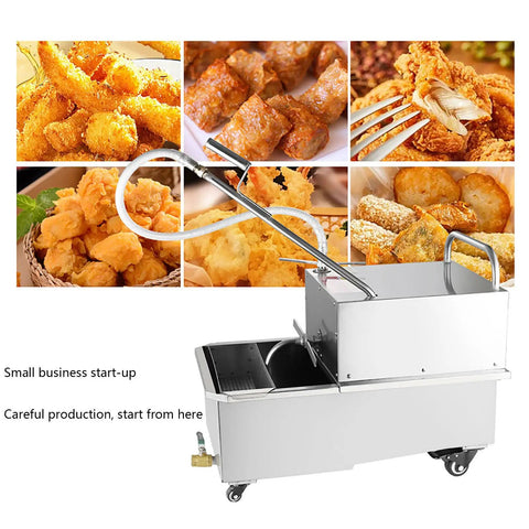 Heavy Duty 65L Commercial Fryer Filter Machine 550W Cooking Oil Filler Cart showing stainless steel unit beside fried food.