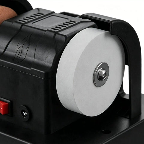 Workhorse Dual Wheel Electric Knife Sharpener And Polisher With Double Grinding Plates close-up of white polishing wheel.