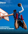 Basketball player wearing a cooling arm sleeve, mid-dunk, showcasing Cooling Arm Sleeves With UPF Fifty Plus Sun Protection For Men And Women Seamless Sport Compression For Outdoor Activities Like Running Cycling Hiking And More