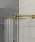 Wall Mounted Square Shower System with Rough-in Valve, gold rain shower head with water cascading down.