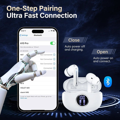 Rock Solid Wireless Earbuds With Bluetooth 5.3 And HiFi Stereo Sound Featuring 50H Playtime and LED digital display in white with smartphone pairing.