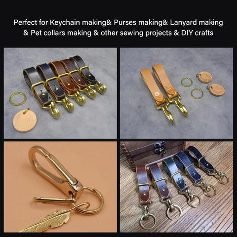 Front view: six brass trigger snap hooks with leather straps and rings
Side view: two tan leather straps with brass trigger snaps and rings
Close-up: brass swivel trigger snap hook with lever and ring
Installed display: leather straps with brass trigger snaps attached to wood