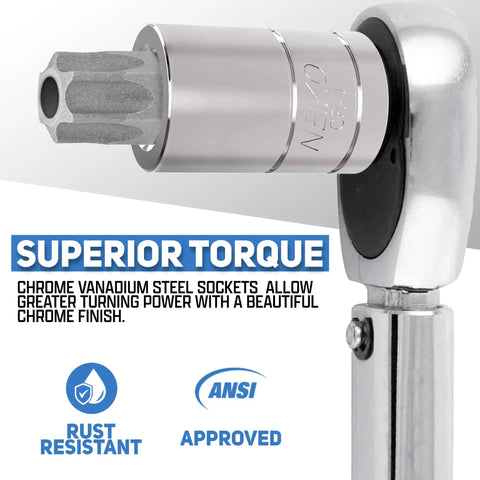 Close-up of chrome vanadium steel socket on a ratchet for 35 Piece Torx Bit Socket And ETorx Star Socket Set For Heavy Duty Torque