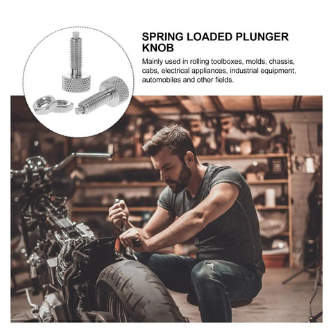 Two Piece Stainless Steel Knurled Knobs And Locking Spring Screw Plungers For Toolboxes And Rolling Tool Chests Made Tough, showing installation on motorcycle.