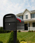 Oasis 360 Locking Parcel Mailbox Extra Large with black powder coat finish in front of a suburban house