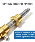Adjustable Magnetic Arrow Rest And Cushion Plunger For Bows Featuring Slick Aluminum Rebound Mechanics For Zero Drag Accuracy left side view of spring-loaded piston in gold and silver