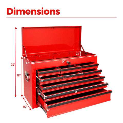 24 Inch Portable Metal Tool Box With Nine Ball Bearing Drawers And Slick Eva Linings For Sorted Gear Stash dimensions showing height and width.