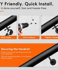 DIY installation steps for Straight Up Heavy Duty 3 Ft Black Aluminum Stair Handrail With 1.5 Inch Pipe Wall Mounted For Indoor Stairs And Porches 400 Lb Load Capacity Built Like A Tank With Smooth Powder Coat Finish.