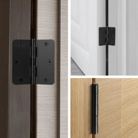 Heavy Duty Matte Black Square Door Hinges 3.5 Inch Rust Proof Coating 18 Pack mounted on various doors for smooth operation.