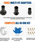 Ultra Quiet Generator Exhaust Silencer Extension Kit With Three Fitting Adapters And Insulated Wall Mount Plate showing three multi-fit adapters.