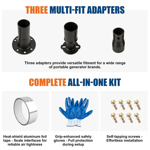 Ultra Quiet Generator Exhaust Silencer Extension Kit With Three Fitting Adapters And Insulated Wall Mount Plate showing three multi-fit adapters.