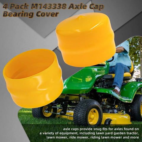 Replacement Axle Cap Bearing Cover M143338 set of four yellow caps for lawn mowers and garden tractors, ideal fit for axles.