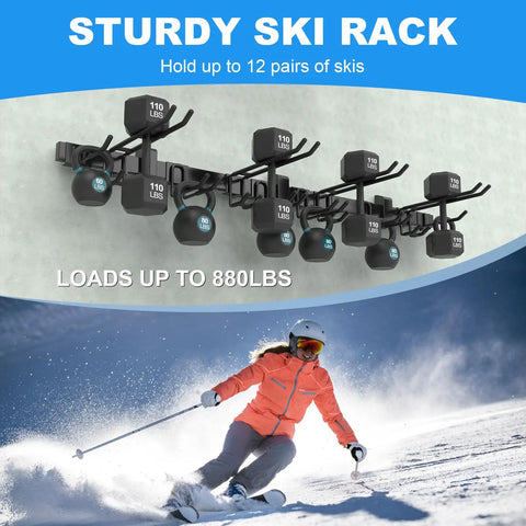 48 Inch Ski Rack Wall Mount With Hella Heavy Duty Holders For Garage And Shed Featuring Grippy Rubber Clamps Holds 12 Pairs Skis Snowboards
