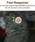 Top Tier Cigarette Detector And Air Quality Monitor With Voice Reminder And Remote Control For Offices And Public Spaces Heavy Lifter Pm25 Smoke Alarm and no smoking sign detecting smoke in a public area.