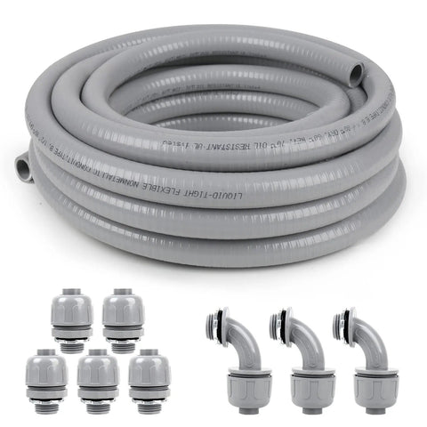 Two 25 Foot Liquid Tight Conduit And Connector Kit With Flexible Non Metallic PVC Conduit And Five Straight Plus Three 90 Degree Fittings