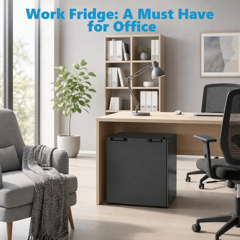 Solid 1.6 Cu Ft Mini Fridge With Dedicated Freezer Knockout Compact Cooler in modern office setting near desk.