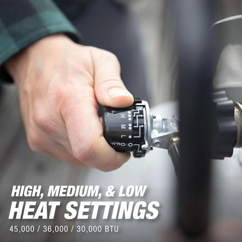 Hand adjusting knob on 540-Degree 45,000 BTU Tank Top Radiant Propane Heater With Multi Directional Heat, High Medium Low settings