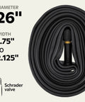 Replacement 26 Inch Bike Inner Tube With Schrader Valve For 1.75 To 2.125 Inch Wide Mountain Hybrid Dual Sport And Cruiser Tires Built Tough For Everyday Rugged Rides Durable Lightweight, shown coiled with valve visible