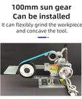 Rock Solid Industrial Belt Sander Machine With Brushless Motor And Swivel Frame Compact 762X25MM Polisher And Sharpener side view showing 100mm sun gear for flexible grinding.
