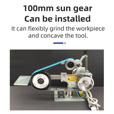 Rock Solid Industrial Belt Sander Machine With Brushless Motor And Swivel Frame Compact 762X25MM Polisher And Sharpener side view showing 100mm sun gear for flexible grinding.