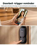 Video Smart Lock With Camera And Three In One Smart Deadbolt For Front Doors, app showing visitor, door lock with keypad.