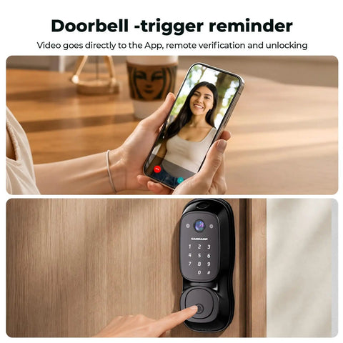 Video Smart Lock With Camera And Three In One Smart Deadbolt For Front Doors, app showing visitor, door lock with keypad.