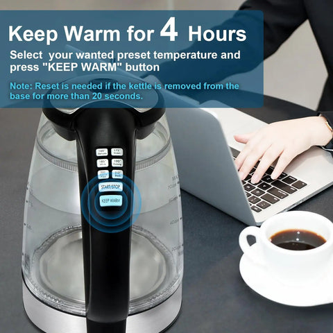 Electric Kettle With Temperature Control, 6 Presets For Tea, Coffee And Herbal, Fast Boil 1.7L, shown on office desk
