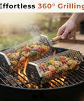 Two Pack Rolling Grill Basket For Even Cooking With Lid And Removable Wooden Handle Stainless Steel BBQ Grilling Basket For Vegetables Shrimp And Meat Outdoor Cooking Gift For Dad Or Husband on charcoal grill with vegetables.