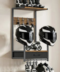 Heavy Duty Motorcycle Helmet Wall Mount With Dang Tough Waterproof Steel Construction And Roomy Fabric Drawer For Storing Jackets Boots Helmets And Ride Essentials To Keep Garage Clean, showcasing helmets and gear.