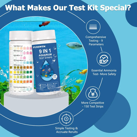 Legit 9 In 1 Aquarium Test Strips For Fish Tanks Testing Ammonia Ph Nitrate Chlorine Nitrite Hardness Alkalinity Copper displayed with water quality chart.