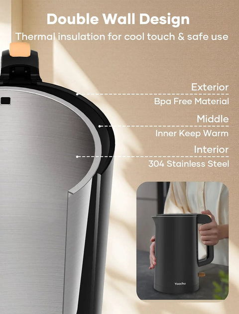 Double Wall 1.7L Electric Kettle With Cool Touch Exterior No Burn Hands Safety Rapid 1500W Boil Stainless Steel Water Boiler And Heater Cordless Base BPA Free Black close-up showing double-wall design and materials.