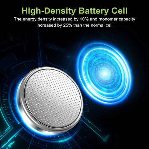 Close-up of a high-density 3V CR2032 coin cell battery with a shiny metal surface, showcasing its advanced energy capacity.