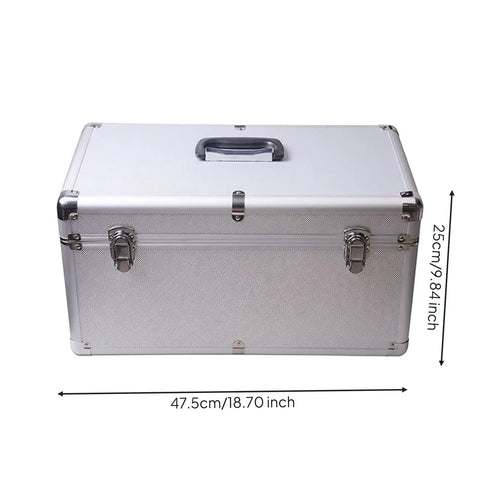 Silver Metal Tool Case With Ergo Grip Carrying Handle And Reinforced Corner Guards Built Different For Reliability During Harsh Field Repairs And Gear Storage With Multiple Secure Locking Clasps To Keep Your Wrenches Safe, 47.5cm x 25cm size.