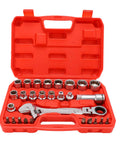 19 Piece Pass Through Socket Set With Ratchet And Extension, Metric Spline Wrenches For Long Bolts, heavy duty tools in red case.