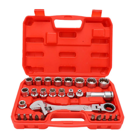 19 Piece Pass Through Socket Set With Ratchet And Extension, Metric Spline Wrenches For Long Bolts, heavy duty tools in red case.