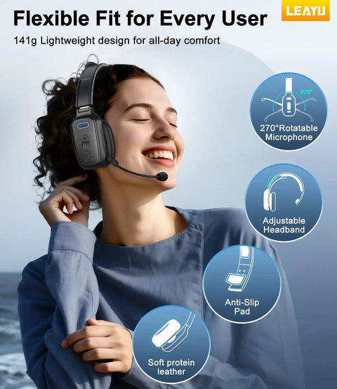 Woman wearing 60 Hour AI Noise Canceling Bluetooth Wireless Headset With Mic For Trucks And Office Use outdoors