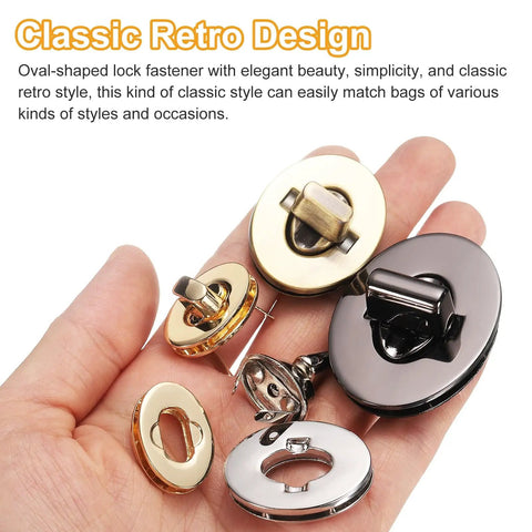 Dope Gold Twist Turn Lock Clasps For Purse And Handbags Hella Sturdy Zinc Alloy Oval Closures shown in hand.
