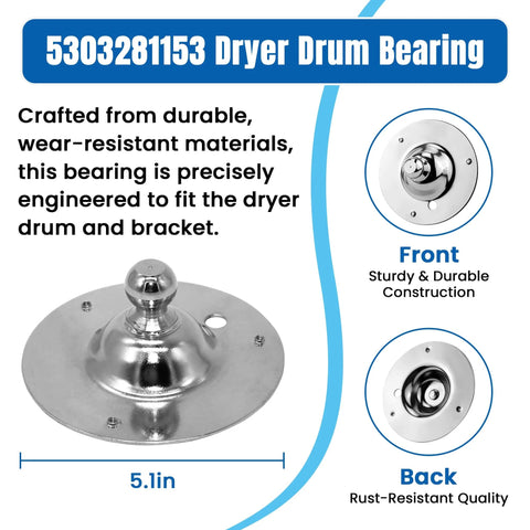 5303281153 dryer drum bearing front and back view, crafted from durable materials, compatible with Frigidaire and Kenmore dryers