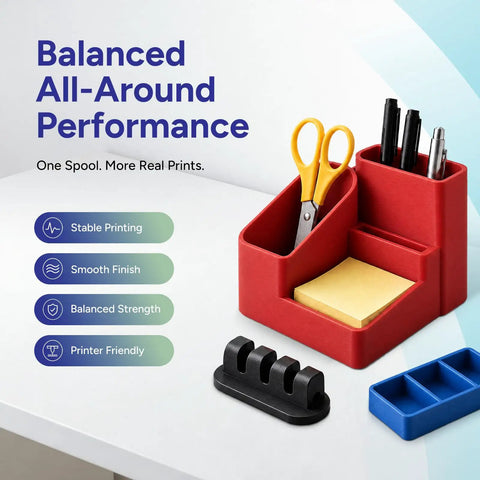 Premium Blue PLA Plus 3D Printer Filament 1.75mm 1kg Roll Flies At High Speed With Smooth Sailing Extrusion And Rock Solid Layer Bonding For Killer Crisp Detail Projects placed next to colorful desk organizer.