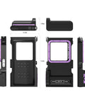Third Gen Waterproof Diving Phone Case With Bluetooth 50 Feet Depth, disassembled view in black and purple with dimensions