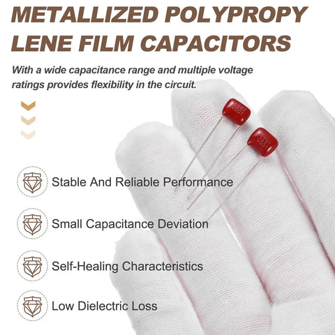 Top Shelf Film Capacitor Bundle Delivers CBB21 And CBB22 Variants rated at 100V and 0.001UF, two metallized film capacitors in hand.