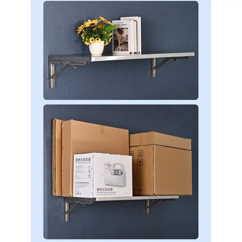 Heavy Duty Folding Wall Shelf With Thick Rust Proof Stainless Steel holding books and a plant, mounted on a wall.