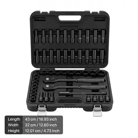 Rock Solid 3/8 Inch Drive Impact Socket Set With 64 Pieces SAE Metric Deep Shallow Cr-V Steel Kit Extension Bars Heavy Duty Tools For All Your Auto Jobs, open case with sockets and ratchets