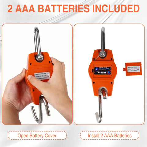 Heavy Duty 660Lb Digital Crane Scale Rock Solid Handheld Hanging Weight Meter showing battery installation process.