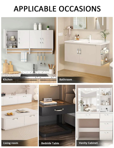 Applications of 10 Pack 4 Inch Satin Nickel Cabinet Pulls in kitchen, bathroom, vanity cabinets, living room, bedside table settings.
