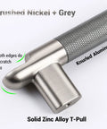 Close-up of knurled cabinet pulls three and three quarters inch center to center five pack in grey and brushed nickel, zinc alloy handle.