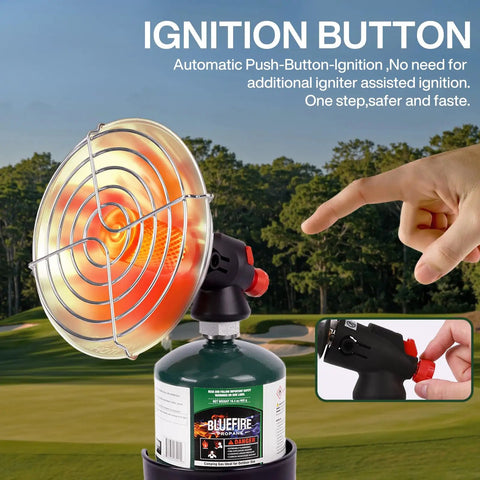 Portable Propane Golf Cart Heater With Cup Holder, 4100 BTU Self Ignition on golf course with ignition button highlighted.