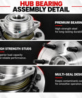 Close-up view of 515096 Front Wheel Bearing Hub Assembly highlighting premium bearing, high strength studs, and multi-seal design.